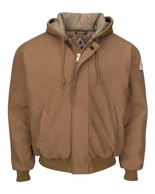 Men's Insulated Brown Duck Hooded Jacket with Knit Trim